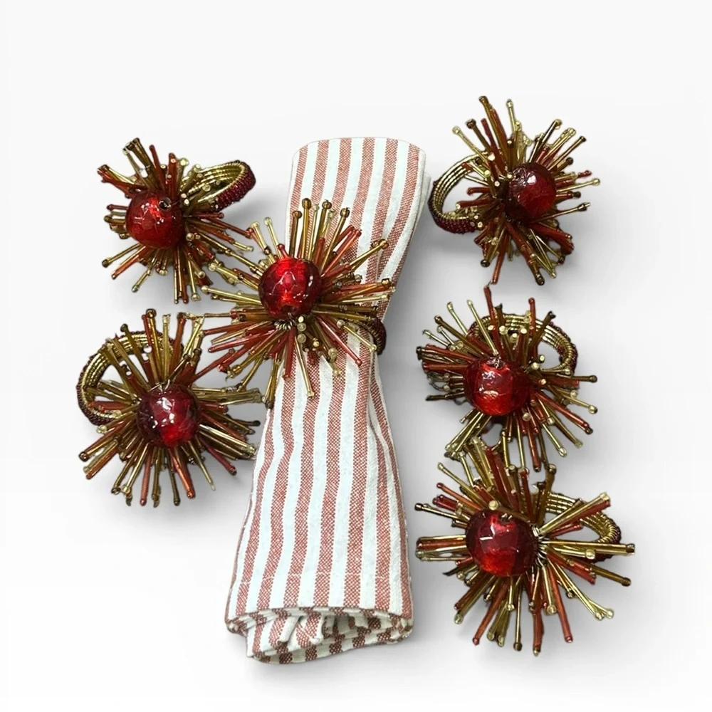 Vintage Pier 1 Atomic Starburst Red Beaded Napkin Ring Set of 6